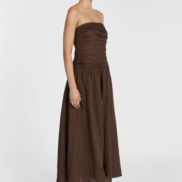 CATANIA BITTER CHOC LINEN STRAPLESS MIDI DRESS BRAND NEW - Picture 2 of 5
